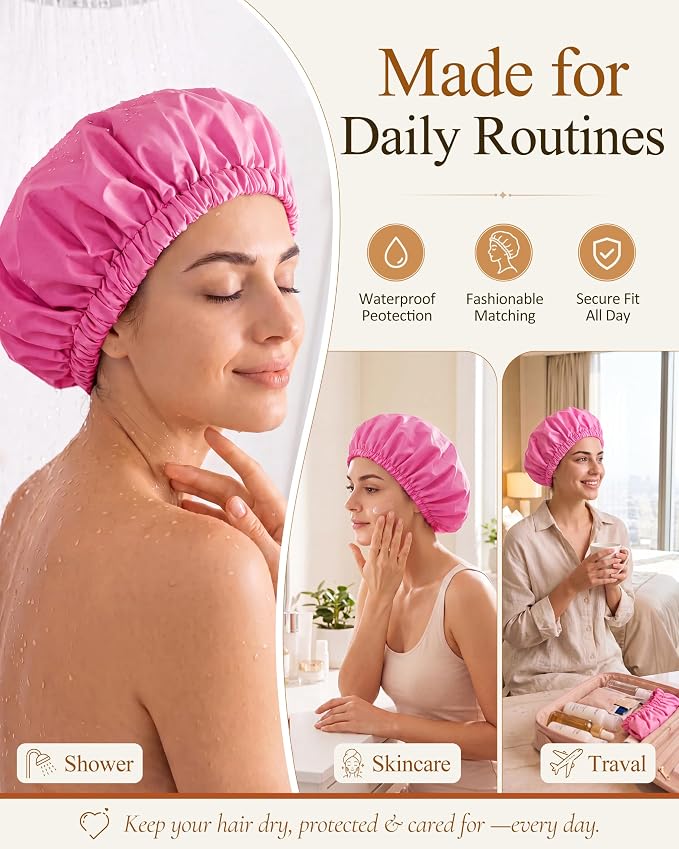 Edoneery Shower Caps for Women Reusable Waterproof, Shower Hair Cap | Washable Bonnet, Wide Elastic Band, Large Fit, Holds Long Hair, Braids Friendly, Bath Accessories, Spa, Travel