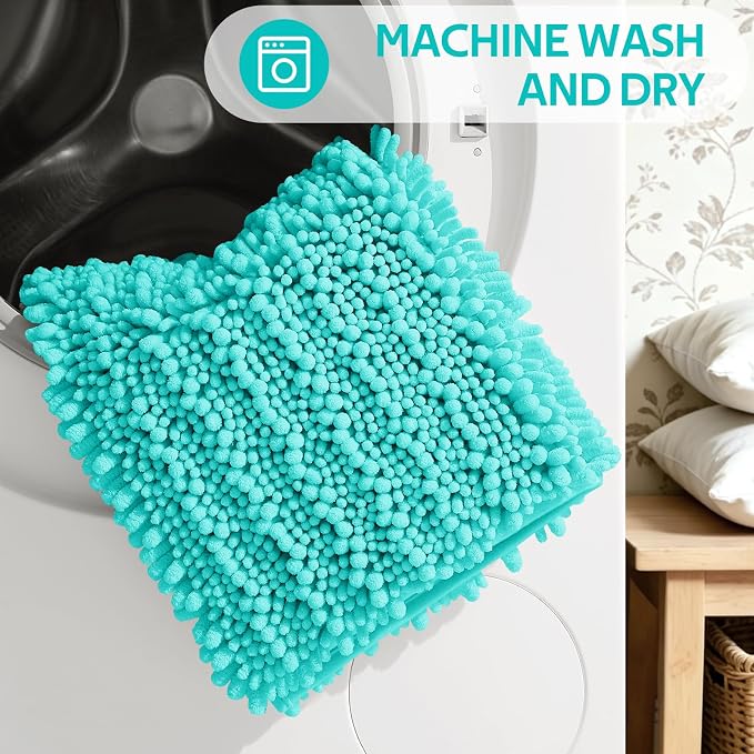 ACCUMTEK Upgrade Extra Large Teal Green Bathroom Rug Set 3 Pieces Ultra Soft, Thick Absorbent Bath Mats, Non Slip Chenille Toilet Mat for Bathroom, Bedroom, Kitchen, Turquoise