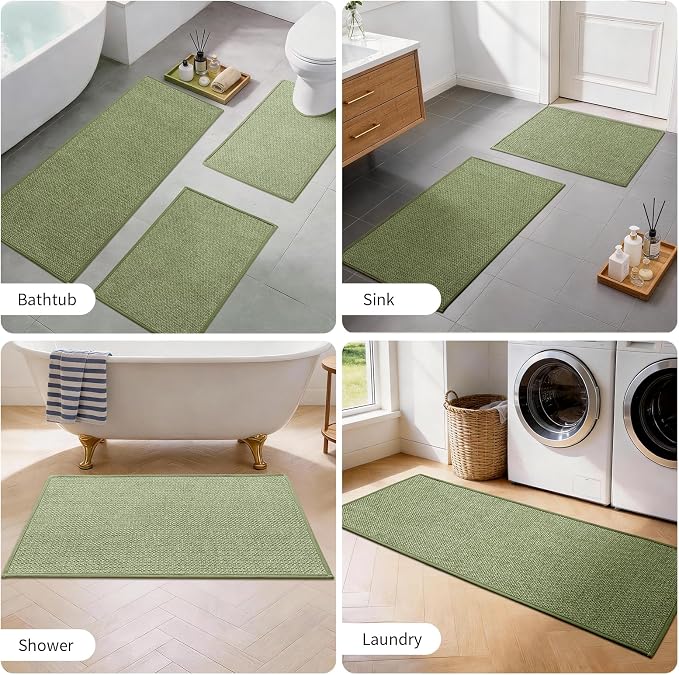 YIHOUSE Green Bathroom Rugs Sets 3 Piece, Quick Dry Thin Bath Mat with Toilet Rug, Non Slip Absorbent Machine Washable, Bath Runner Rugs for Bathtub Sink Home Decor