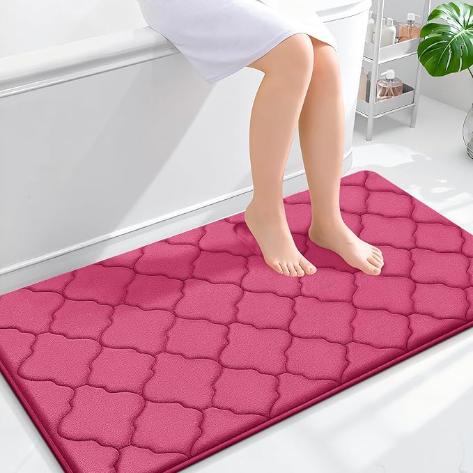 OLANLY Memory Foam Bath Mat Rug 44x24, Ultra Soft Bathroom Rugs, Deep Pink | Thick Absorbent Carpet, Non-Slip Backing, Machine Washable, for Bathroom Floor, Tub, Shower and Home Decor Accessories