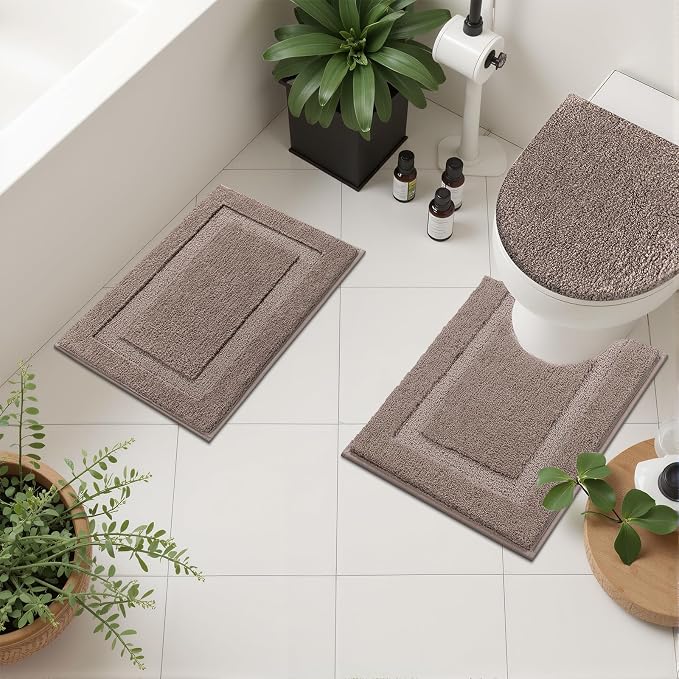 SHACOS Microfiber Bathroom Rugs Set of 3 with Toilet Lid Cover Non Slip | Washable Bath Mat Absorbent Bathroom Carpet 16"x24"+U Shape Toilet Rug 20"x24"+Toilet Lid Cover 19"x21", Coffee