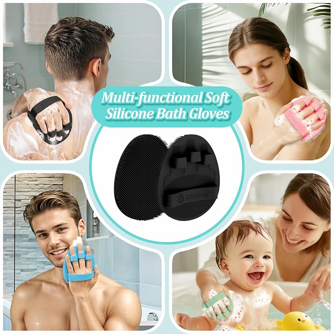 Back Scrubber for Shower & Silicone Bath Glove Set, 19’’ Detachable Long Handle Body Scrubber Wet or Dry Brush, Adjustable 2-in-1 Back & Body Brush with Soft Bristles for Deep Cleaning(White)