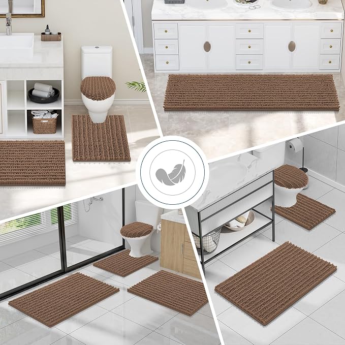 Smiry Bathroom Toilet Rugs U Shaped 24X20, Chenille Bath mats for Toilet | Mocha Extra Soft Absorbent Non Slip Rubber Backing Contour Bath Rugs for Toilet, Machine Washable Contoured Bath Mats