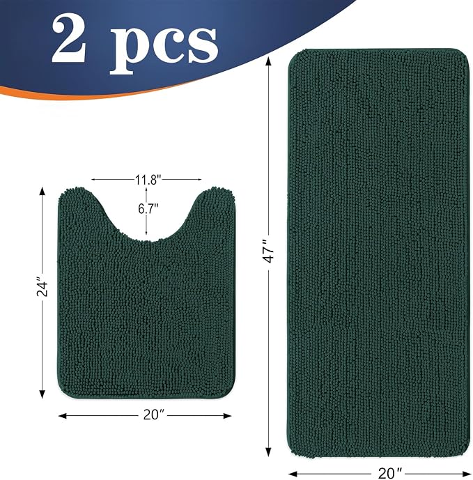 OLANLY Chenille Bathroom Rugs Sets 2 Piece, 47"x20"+24"x20", Blackish Green | Soft Absorbent Bath Mat and U-Shaped Contour Toilet Rug Set, Quick Dry, Machine Washable Bath Carpet, Home Decor Accessories