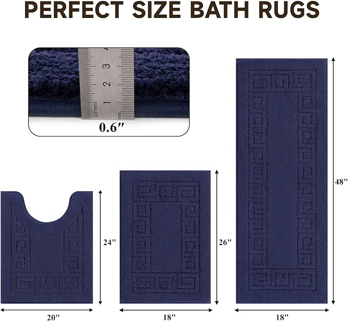 Pauwer Bathroom Rugs Sets 3 Piece, Plush Absorbent Bath Rug, Navy | Microfiber Bath Mat Set, Non Slip Washable, Quick Dry Floor Carprt, Soft U Shaped Toilet Mats For Bathroom Shower Sink