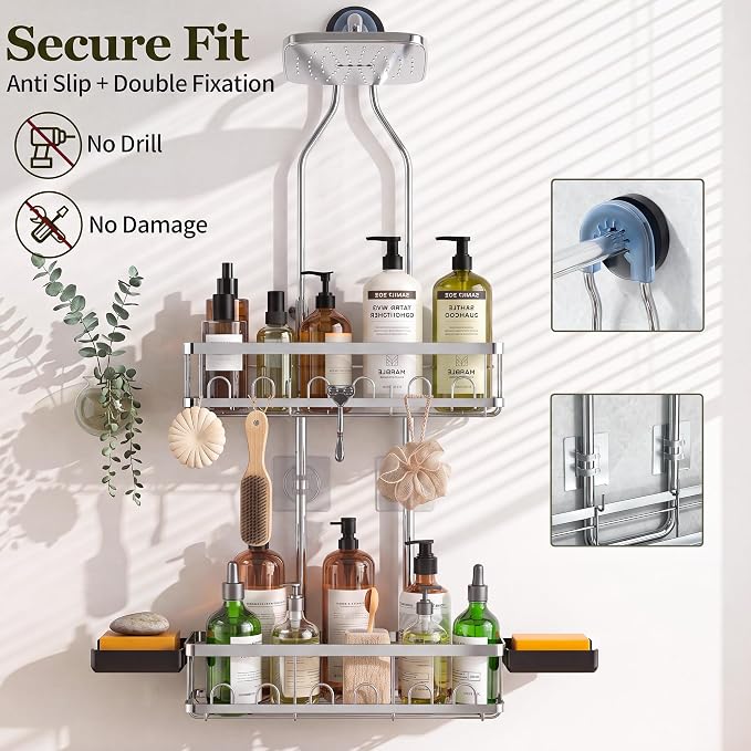Skyapex Shower Caddy Hanging: Adjustable Height, Rustproof Shelves with Hooks, 2 Soap Holders - Silver Shower Organizer Over Showerhead