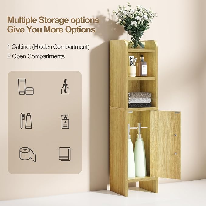 Small Bathroom Storage Corner Floor Cabinet Narrow Toilet Paper Cabinet with Adjustable Shelves Wooden Slim Bathroom Organizers and Storage with Fluted Door for Small Spaces, Wood