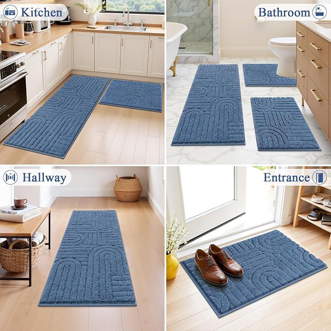 Vaukki Blue Bathroom Rugs Sets 3 Piece, 48x20+26x18+24x20 Inch | Washable Non Slip Soft Bath Mats for Shower and Tub, Plush Absorbent Microfiber Toilet Rug U Shaped