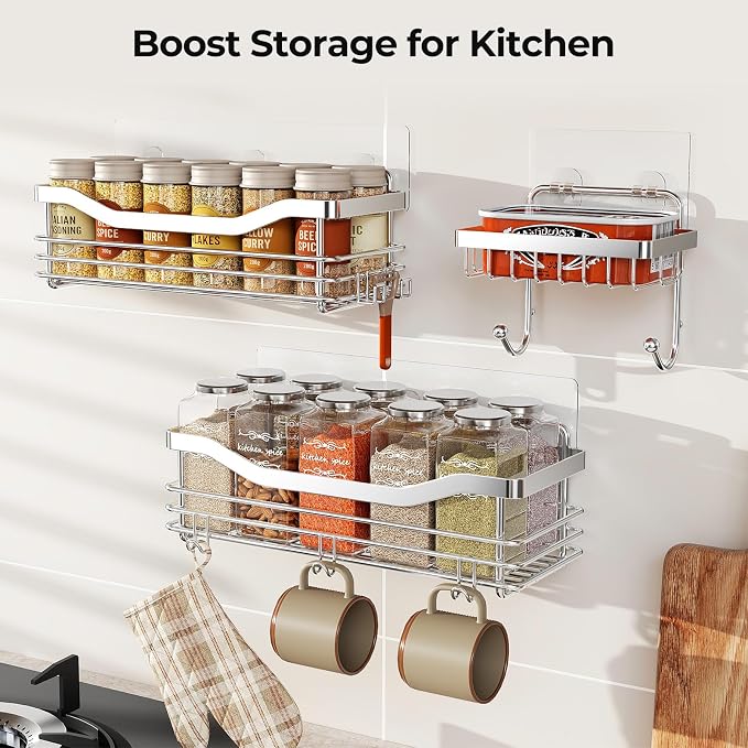 Orimade Shower Caddy Basket Shelf,3-Pack Adhesive Shower Organizer with Soap Dish Holder, No Drilling Wall Mounted Rustproof Stainless Steel Shower Shelves with 7 Hooks,for Bathroom