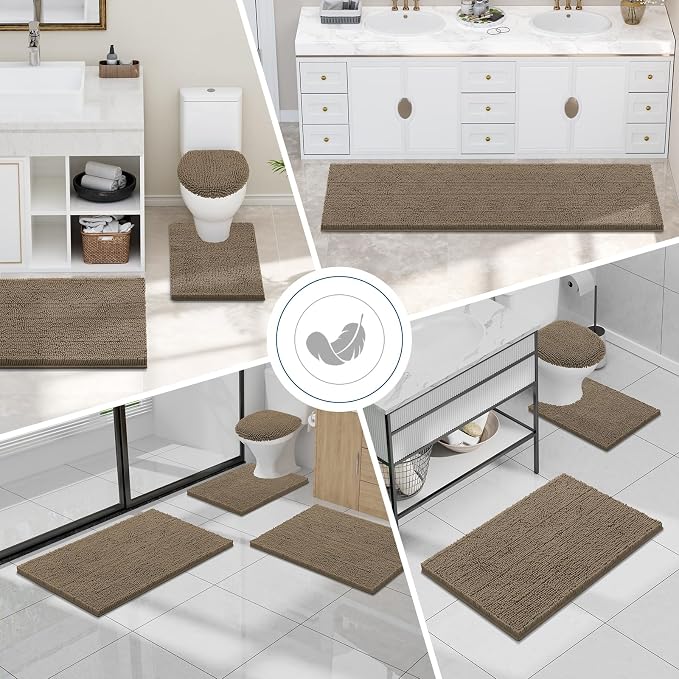 Smiry Chenille Bathroom Rugs Sets 2 Piece (36x24+30x20, Camel) | Soft Absorbent Machine Washable Non Slip Shaggy Bath Rug Set for Tub, Shower, and Floor, Home Decor