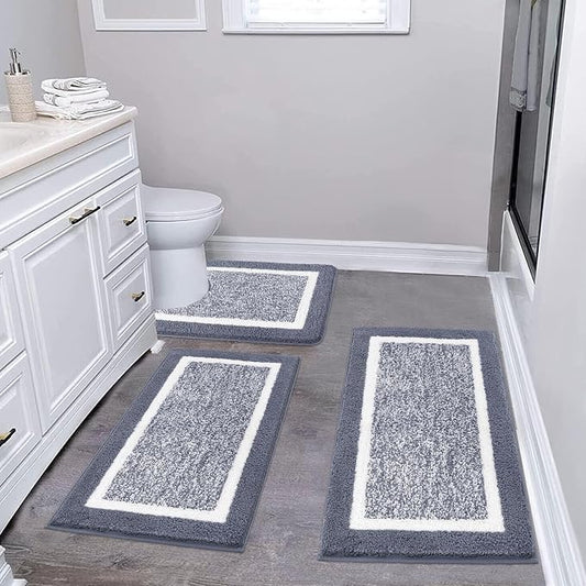 Pauwer 3 Piece Bathroom Rug Set, Non Slip Washable Bath Mat, Dark Grey | Soft Plush Microfiber, Super Absorbent Floor Carpet, U Shaped Toilet Mats, Quick Dry, Shaggy Shower Rugs Runners