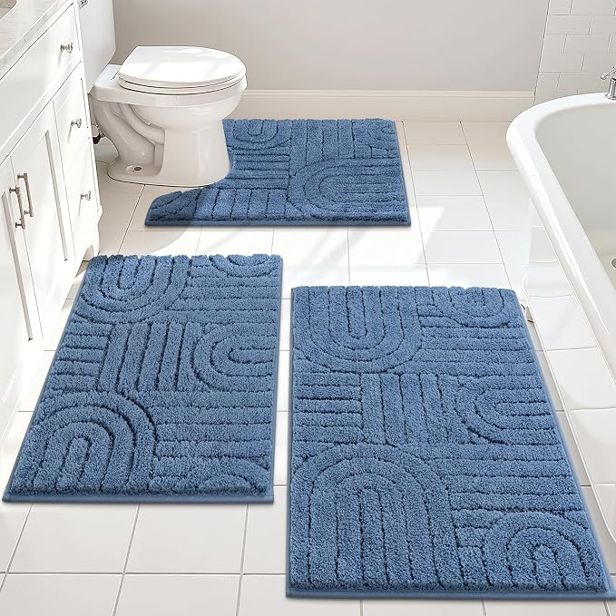 Vaukki Blue Bathroom Rugs Sets 3 Piece, 32x20+26x18+24x20 Inch | Washable Non Slip Soft Bath Mats for Shower and Tub, Plush Absorbent Microfiber Toilet Rug U Shaped