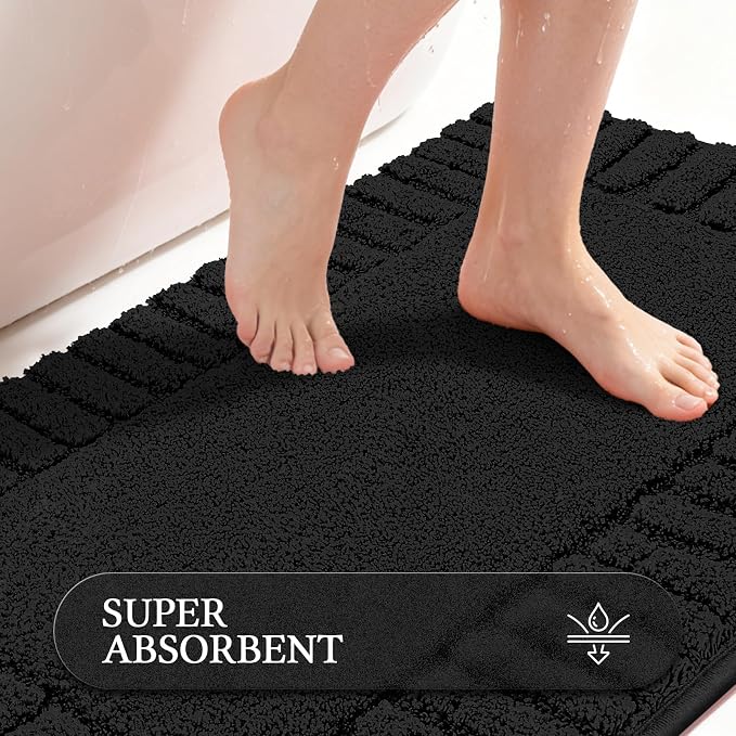 Pauwer Bathroom Rugs Sets 2 Piece, Non Slip Plush Bath Mats, Black | Machine Washable, Microfiber Shower Rugs, Absorbent Quick Dry, Floor Mat for Bath Floor Tub and Shower