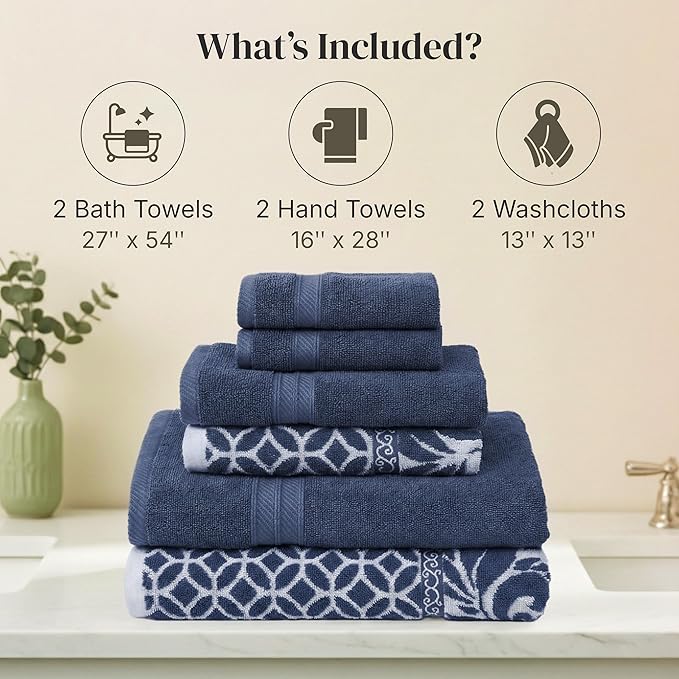 Modern Threads 6 Piece Bath Towel Set – Bathroom Set with 2 Bath Towels, 2 Hand Towels, and 2 Wash Cloths – 100% Cotton, Super Absorbent & Extra Soft – Reversible Botanical Vine (Navy)