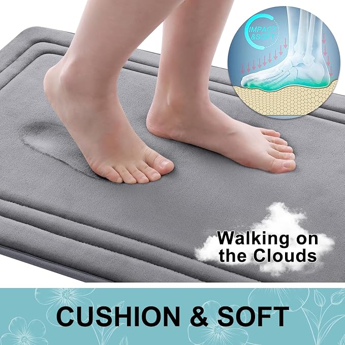 Grandaily Memory Foam Bath Mat Rug 30x20, Ultra Soft, Non-Slip and Absorbent Bathroom Rugs, Machine Wash Dry, Comfortable Bath Carpet for Bathroom Floor, Tub and Shower, Medium Grey