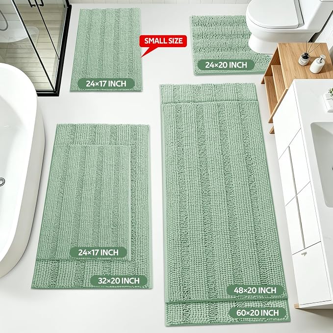 Christmas Striped Sage Green Bathroom Rug Mat Set 2 piece 32"x20"+60"x20" Ultra Soft, Non Slip Chenille Bath Rugs, Absorbent Plush Shaggy Bath Mats for Bathroom, Bedroom, Kitchen, Shower, Tub
