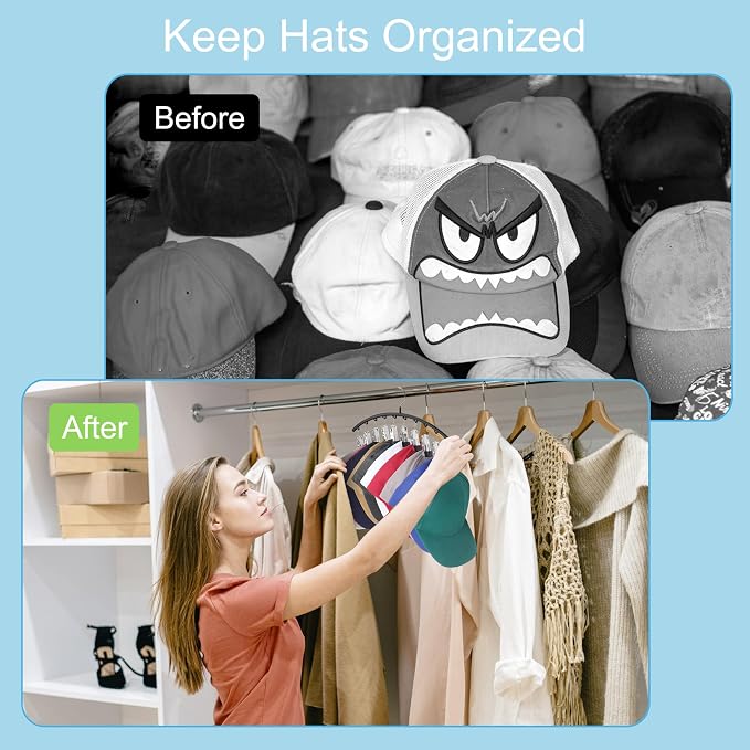 Hat Hangers for Closet, Metal 1 Pack Hat Organizer Holder for Hanger Closet Display, Hat Racks for Baseball Caps w/10 Clips, Hat Holder for Ball Caps & Accessories, for Men Women, Black