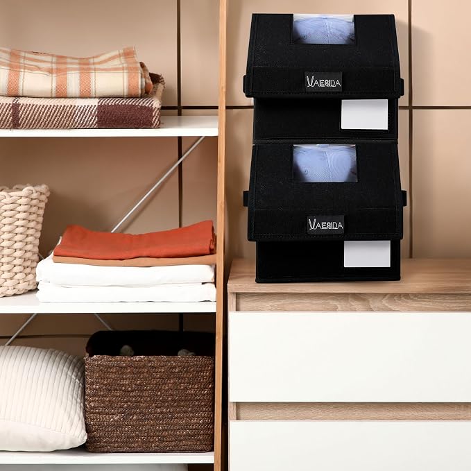 VAESIDA Hat Organizer for Baseball Caps, 4 Pack Hat Storage Box, Holds up to 56 Caps, Baseball Cap Organizer for Closet/Shelf, Hats Box Holder | Stackable, Foldable, Easy-Access, Clear Lid, Black