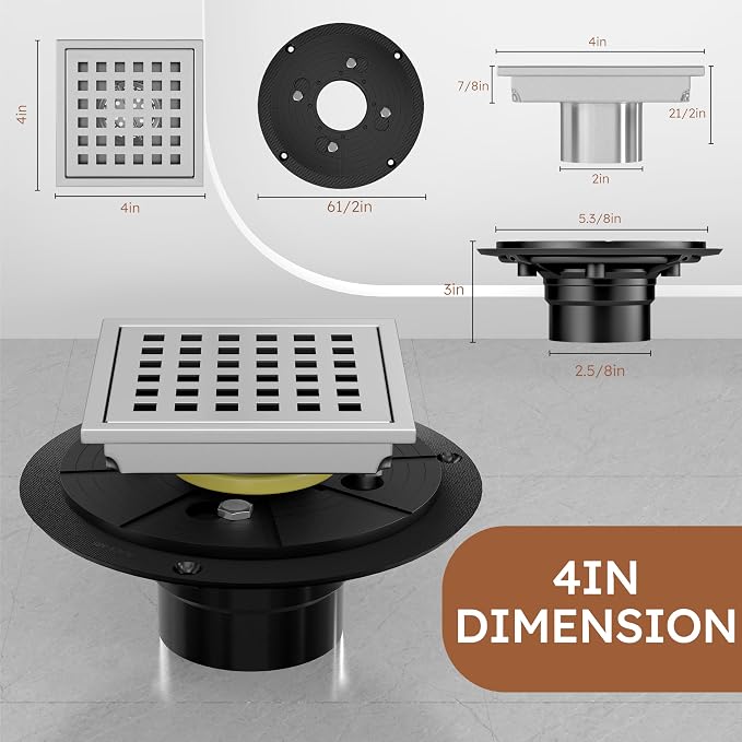 4 Inch Brushed Nickel Square Shower Drain Kit with Flange,Modern Floor Drain with Removable Quadrato Pattern Grate,Stainless Steel SUS 304