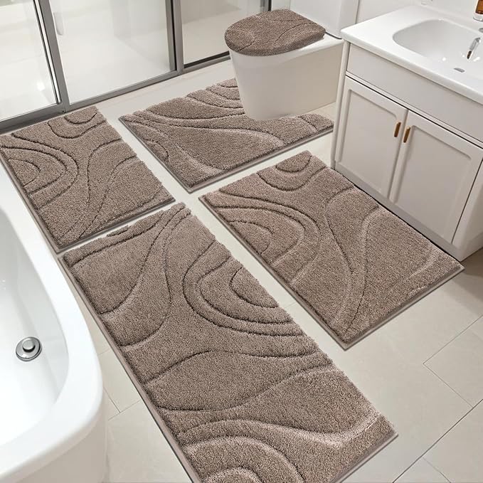 HEBE Bathroom Rugs Sets 5 Piece, Non Slip Washable Absorbent Bath Mat Set | Super Soft Plush Microfiber Bathroom Mats with Runner Set, Solid Bathmat with U-Shaped Toilet Rug Cover Set for Tub, Shower