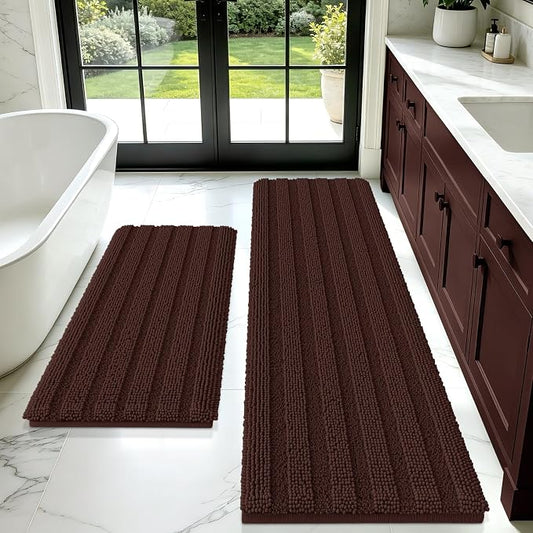 ACCUMTEK Striped Brown Bathroom Rug Mat Set 2 piece 32"x20"+60"x20" Ultra Soft, Non Slip Chenille Bath Rugs, Absorbent Plush Shaggy Bath Mats for Bathroom, Bedroom, Kitchen, Shower, Tub