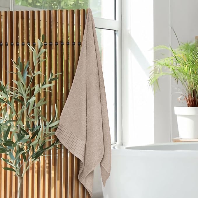 GLAMBURG Ultra Soft 4 Pack Oversized Bath Towel Set 27x54 inches, 100% Cotton Bath Towels, Highly Absorbant Compact Quickdry & Lightweight Towel, Ideal for Gym Travel Camp Pool - Tan