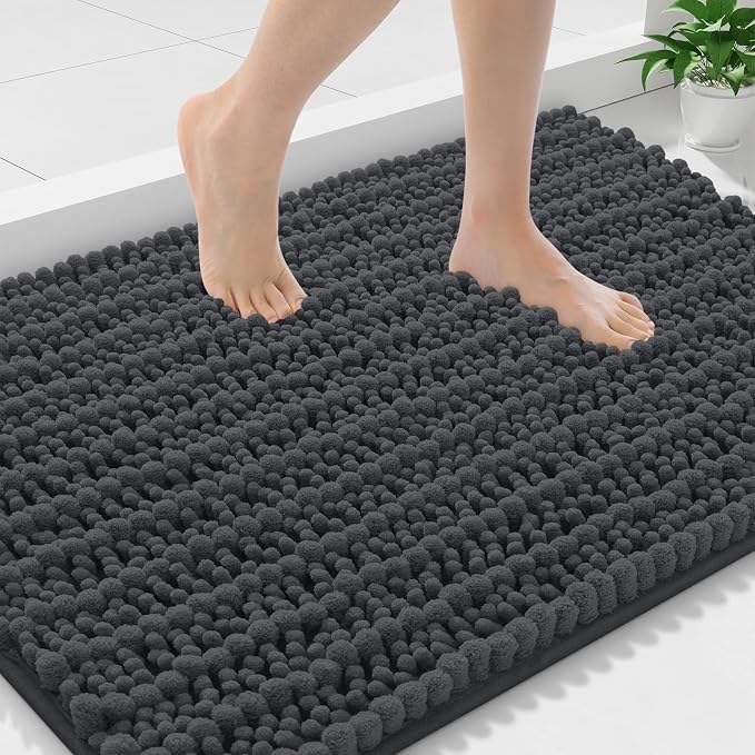 Smiry Bathroom Rugs 36X24, Extra Soft Rubber Backing Chenille Bath Mats | Dark Grey Machine Washable Non Slip Quick Dry Bath Mats for Bathroom Floor, Tub, Shower, Home Decor Accessories