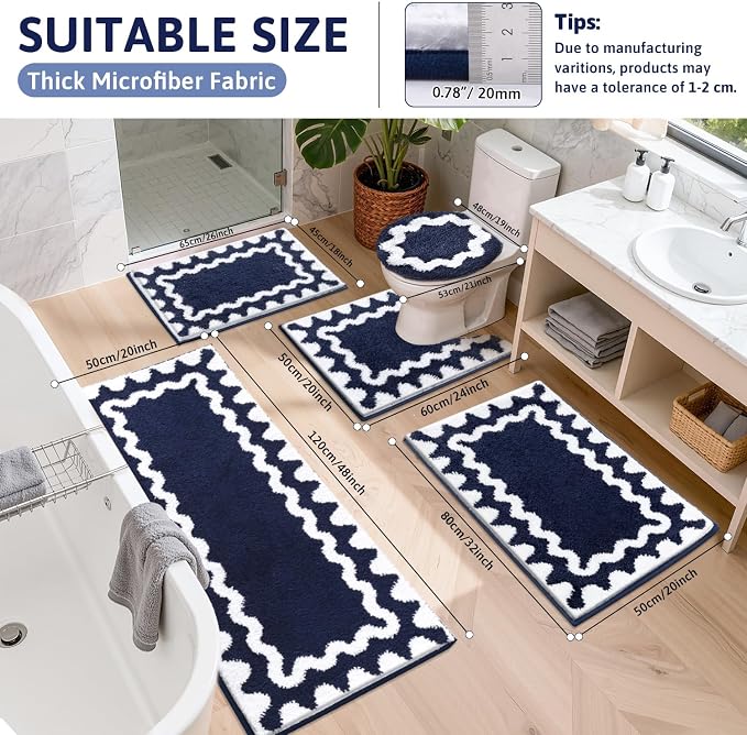 Findosom Bathroom Rugs Sets 5 Piece, Absorbent Soft Non-Slip Bath Rug Set | Washable Microfiber Shaggy Bath Mat Set with Bathroom Runner Rug, U-Shaped Toilet Rugs, Shower Rug & Toilet Lid Cover, Navy