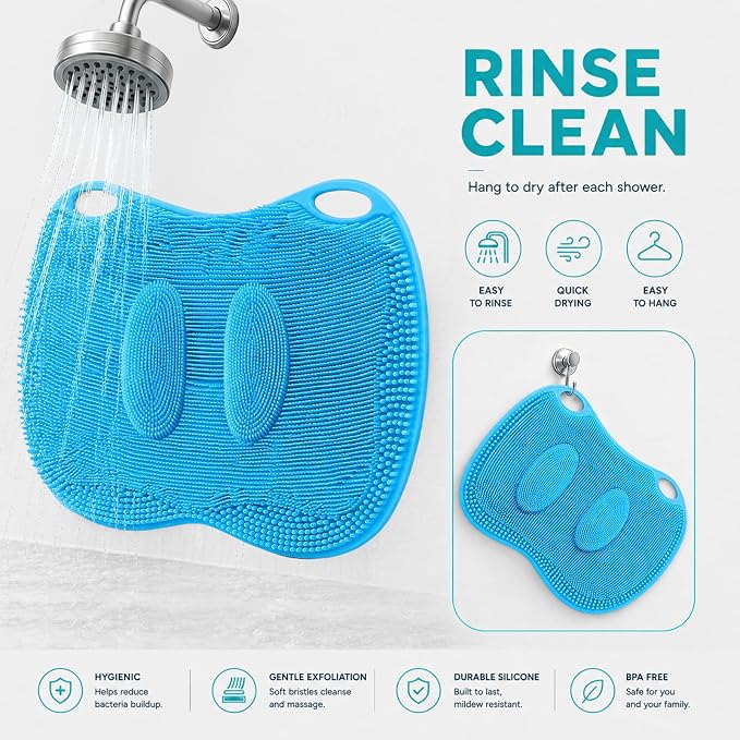 XL Silicone Shower Foot Scrubber Mat with Suction Cups, Foot Washer for Shower, Foot and Back Scrubber for Smooth Shower Wall or Floor, Blue, 17.3 x 12.9 in