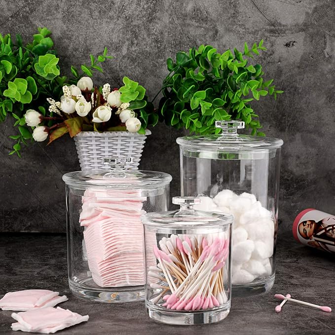 Hipiwe Clear Plastic Apothecary Jars with Lid, Large Size Bathroom Storage Canister Jar Cotton Ball and Swab Organizer Q-Tips Holder, 60-Ounce, 30-Ounce and 15-Ounce, Set of 3 (Pack of 2)