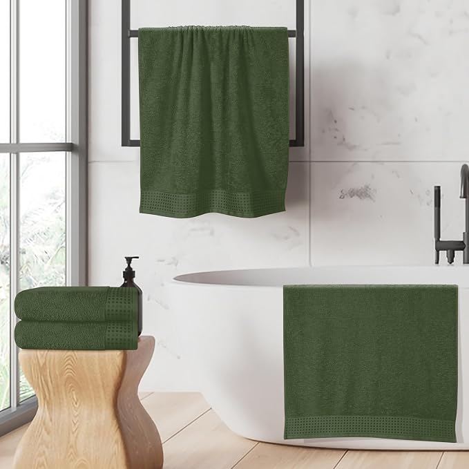 GLAMBURG Ultra Soft 4 Pack Oversized Bath Towel Set 27x54 inches, 100% Cotton Bath Towels, Highly Absorbant Compact Quickdry & Lightweight Towel, Ideal for Gym Travel Camp Pool - Olive Green