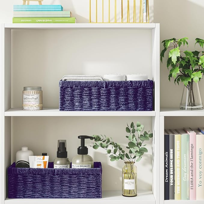 Vagusicc Wicker Storage Basket, Paper Rope Wicker Baskets with Handles, Toilet Paper Basket for Toilet Tank Top, Small Wicke Baskets for Organizing Shelves, 2-Pack, Purple