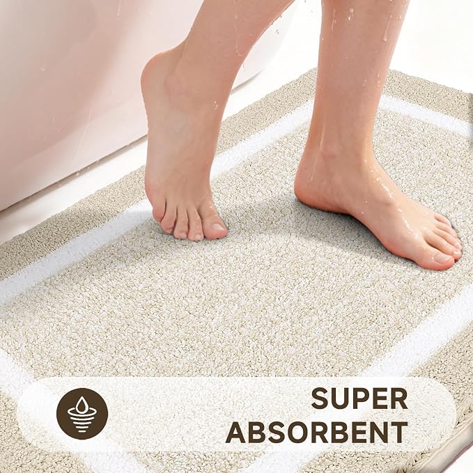 Pauwer Bathroom Rugs Sets 5 Piece, Microfiber Bath Mats, Light Beige | Non Slip Washable U Shaped Toilet Rug, Long Shower Runner, Toilet Lid Cover, Quick Dry Absorbent Plush Floor Carpet