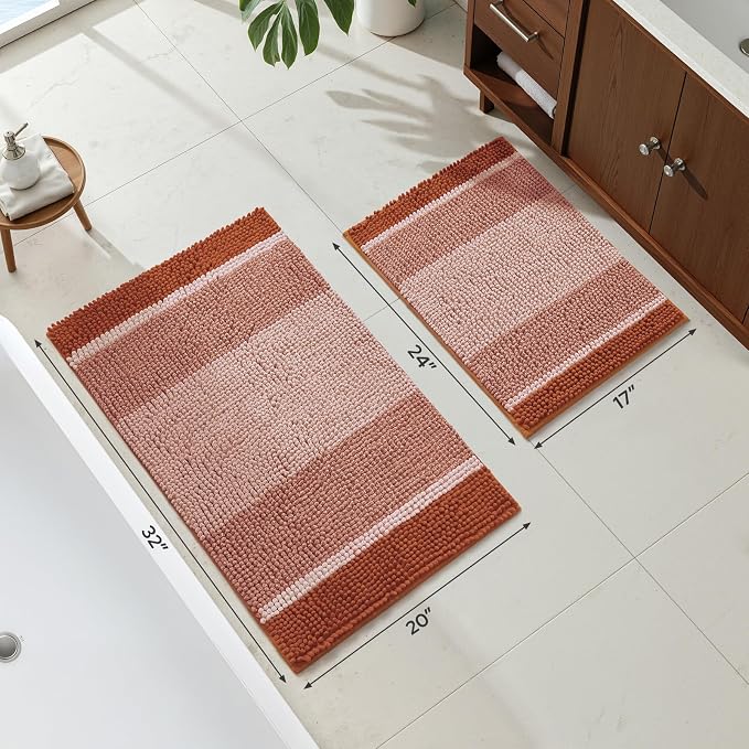 HOMEIDEAS Burnt Orange Bathroom Rugs Set, Chenille, 20"x32"+17"x24" | Non Slip Absorbent Bath Mats, Fluffy Striped Chenille Soft Shaggy Bath Rugs for Bathroom Floor and Tub, Machine Washable