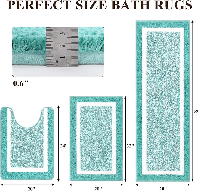 Pauwer Bathroom Rug Sets 3 Piece, Non Slip Washable Bath Mat, Teal | Soft Plush Microfiber, Super Absorbent Floor Carpet, U Shaped Toilet Mats, Quick Dry, Shaggy Shower Rugs Runners