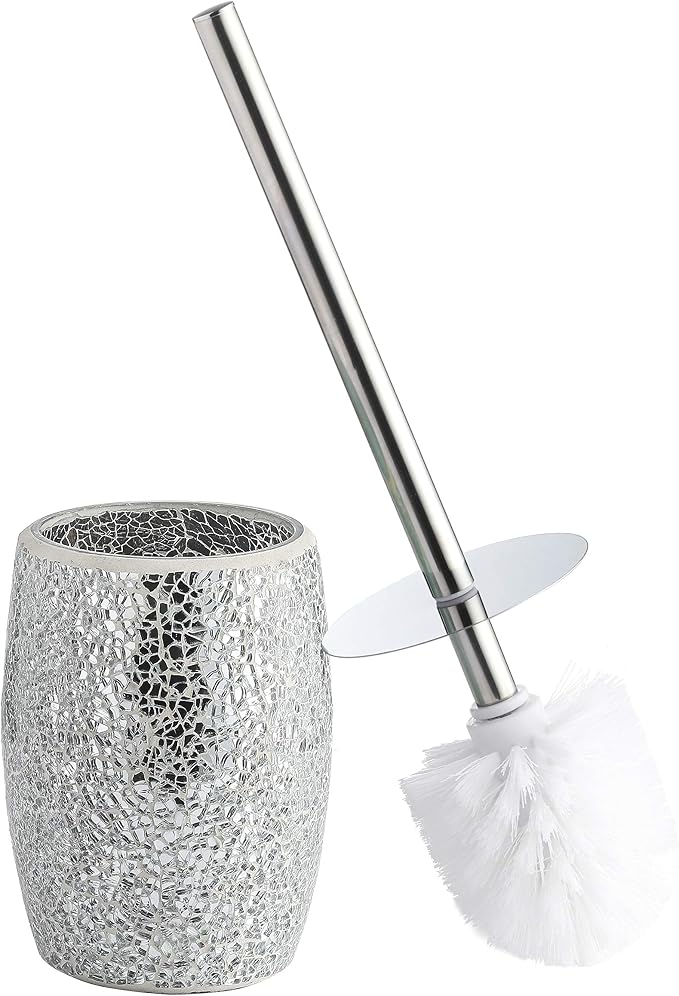 WHOLE HOUSEWARES Modern Toilet Brush Set (Silver) - Glass Mosaic Bathroom Accessory with Sturdy Bristles and Holder