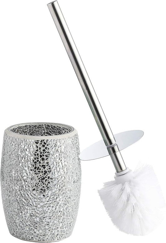 WHOLE HOUSEWARES Modern Toilet Brush Set (Silver) - Glass Mosaic Bathroom Accessory with Sturdy Bristles and Holder