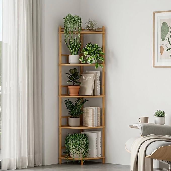 5-Tier Expandable Bamboo Corner Shelf Stand,Corner Bookshelf, Display Storage Shelves with Open Shelves, for Organization and Storage, Living Room, Home Office, Garage (Natural, 5-Tier WithRail)