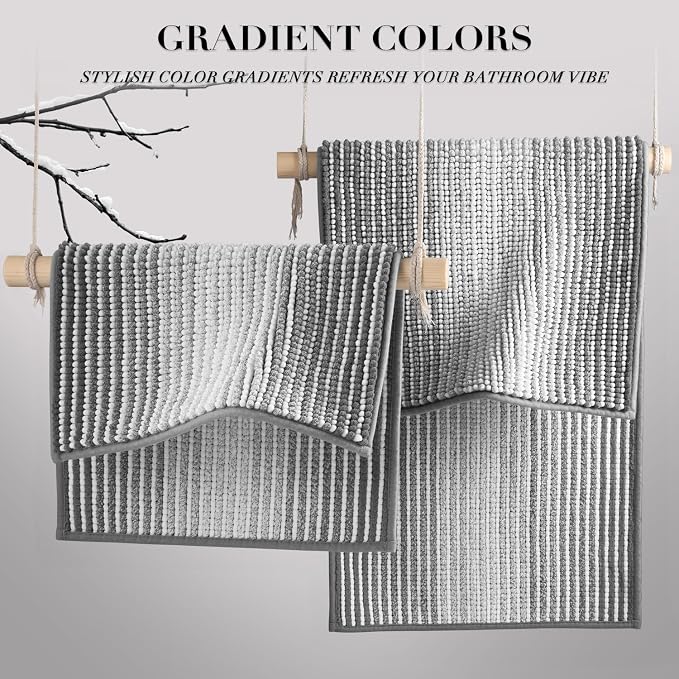 Bathroom Rugs Sets 2 Piece, Non Slip Striped Bath Mats, Gray | 24"x70" Plus 20"x32", Soft Absorbent Chenille, Quick Dry Machine Washable, Shower Rug for Bathroom Floor, Tub, Bedroom Decor