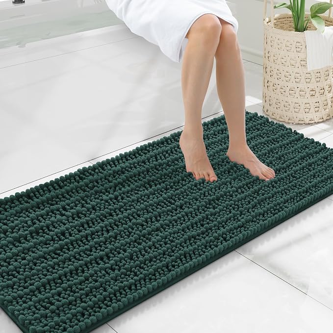 Smiry Bathroom Rugs 47X20, Extra Soft Rubber Backing Chenille Bath Mats | Green Machine Washable Non Slip Quick Dry Bath Mats for Bathroom Floor, Tub, Shower, Home Decor Accessories