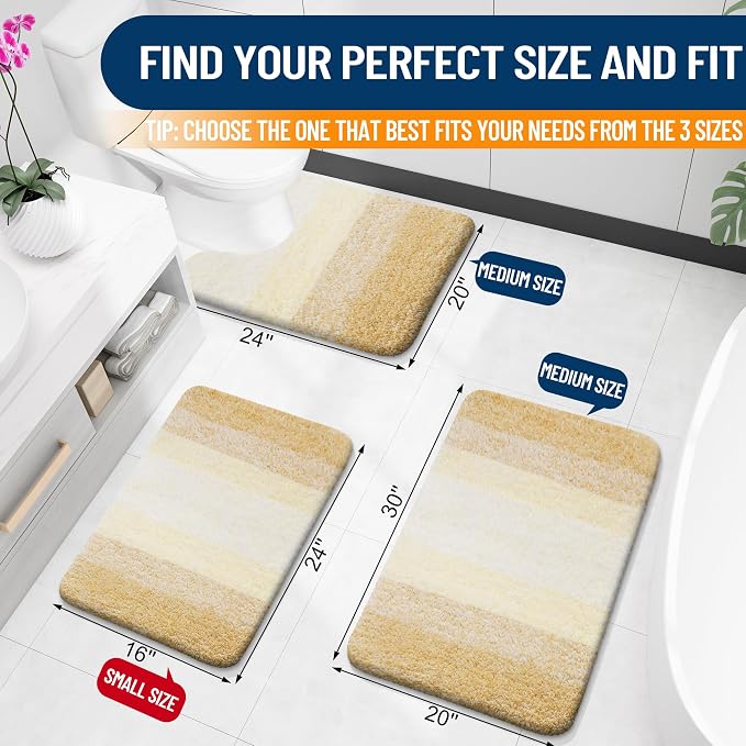 OLANLY Micorfiber Bathroom Rug Set 2 Piece, 30"x20"+U-Shaped 24"x20" | Light Yellow, Soft Absorbent Bath Mats and Contour Toilet Rug, Non-Slip, Machine Wash Dry, Plush Shaggy Bath Mat for Bathroom