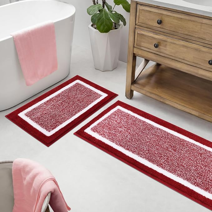 Pauwer Bathroom Rugs Sets 2 Piece, Non Slip Washable Bath Mat, Red | Soft Plush Microfiber, Super Absorbent Floor Carpet, Quick Dry, Shaggy Shower Rug Runner