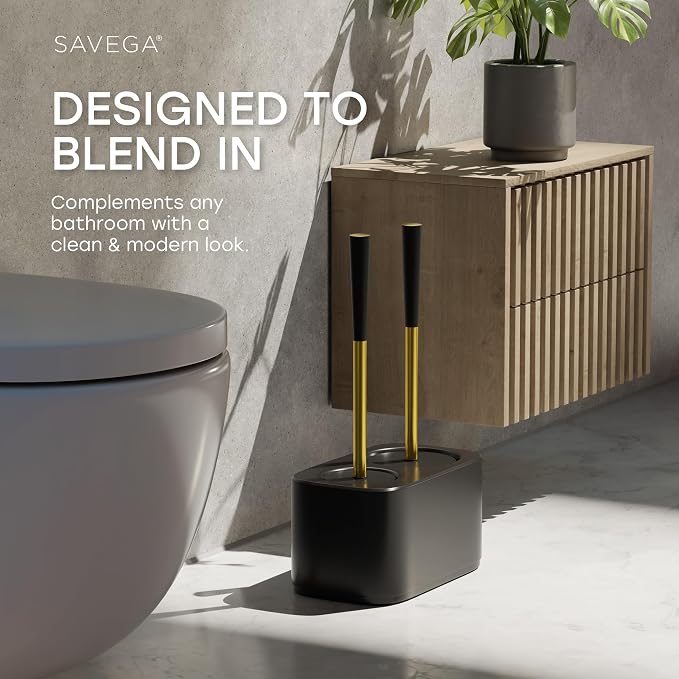 2-in-1 Toilet Bowl Brush and Plunger Set with Caddy – Gold | All-in-one toilet bowl brush and plunger combo with a compact plastic caddy & steel handles in gold