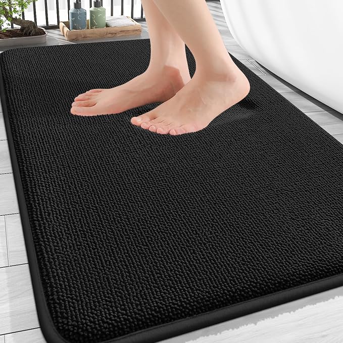 OLANLY Thick Memory Foam Bathroom Rugs 30x18, Absorbent Bath Mat, Black | Soft Quick Dry Bath Rugs, Non-Slip, Machine Washable Carpet for Bathroom Floor, Tub and Shower, Home Decor Accessories