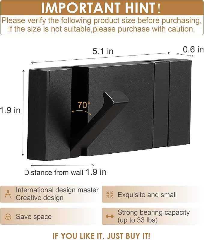 2 Pack，Waterproof Black Towel Hooks，Foldable Towel Hooks for Bathrooms，Modern Coat Hooks，Black Robe Hooks，Bathroom Modern Hooks，Free Perforated，Bathroom Towel Hooks，Towel Door Hooks，Also for Kitchen.