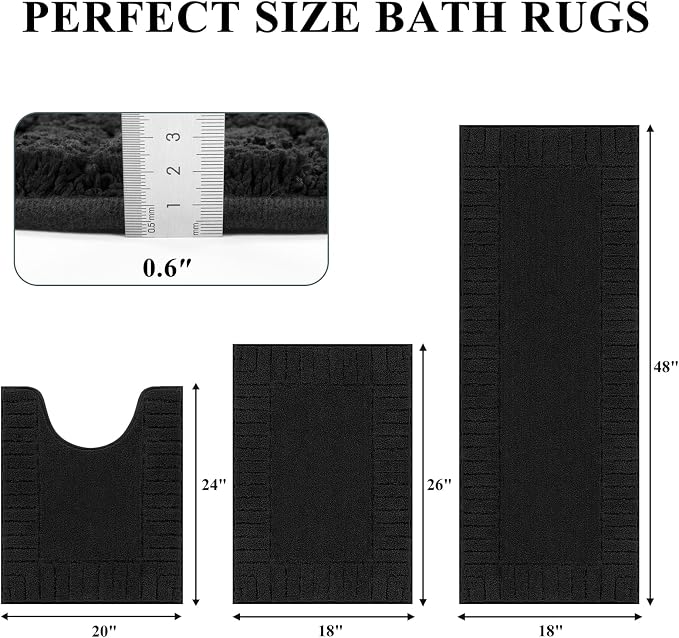 Pauwer Bathroom Rugs Sets 3 Piece, Microfiber Bath Mat Set, Black | Non Slip Washable, Soft Plush, Extra Absorbent Bath Mats, U Shaped Contour Toilet Rug for Bathroom