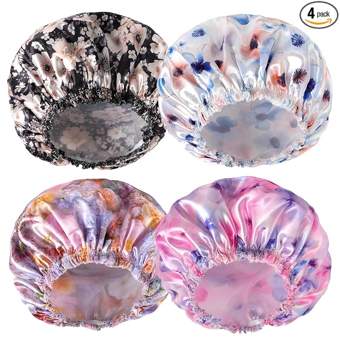 Shower Caps for Women, 4 PCS Reusable Waterproof Bath Cap | Double Layer, Washable, Wide Elastic Band, Holds Long Hair, Caps for Bath Accessories, Spa, Travel Home - Flower C