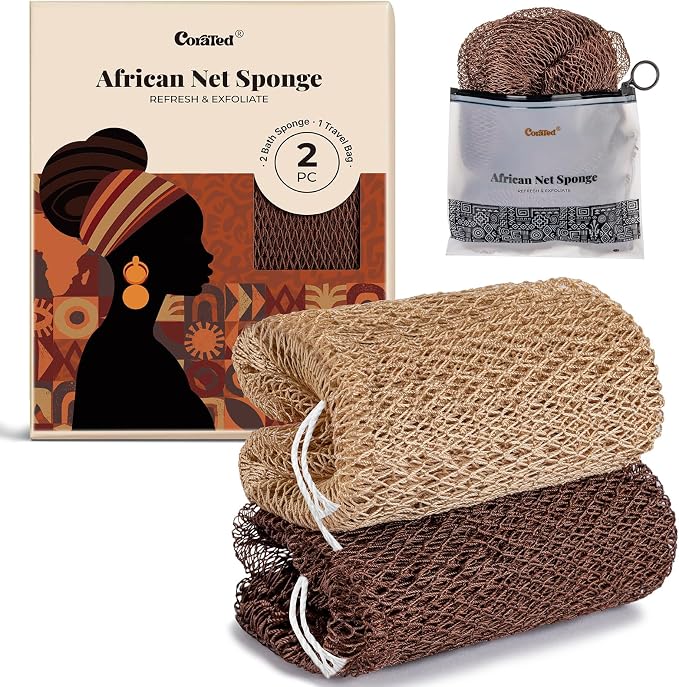 CORATED African Net Sponge Authentic, Shower Loofah Exfoliating Bath Sponge | Body Scrubber for Women and Men Daily Use Body Care, Travel Portable Bath Accessories Gifts for Women