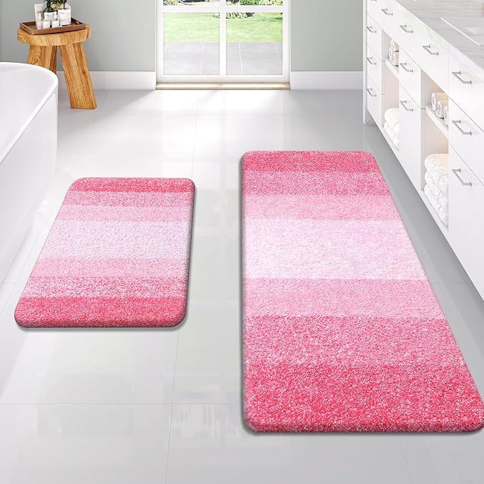 OLANLY Micorfiber Bathroom Rug Set 2 Piece, 47"x20"+24"x16" | Pink, Soft Absorbent Bath Rug Set, Non-Slip, Machine Wash Dry, Plush Shaggy Bath Mats for Bathroom