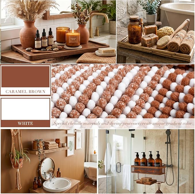 BSICPRO Bathroom Rugs Set 2 Piece, Non Slip Striped Bath Mat, Caramel Brown | 20"x32" Plus 16"x24"，Soft Absorbent Chenille, Quick Dry Machine Washable, Shower Rug for Bathroom Floor, Tub, Bedroom Decor